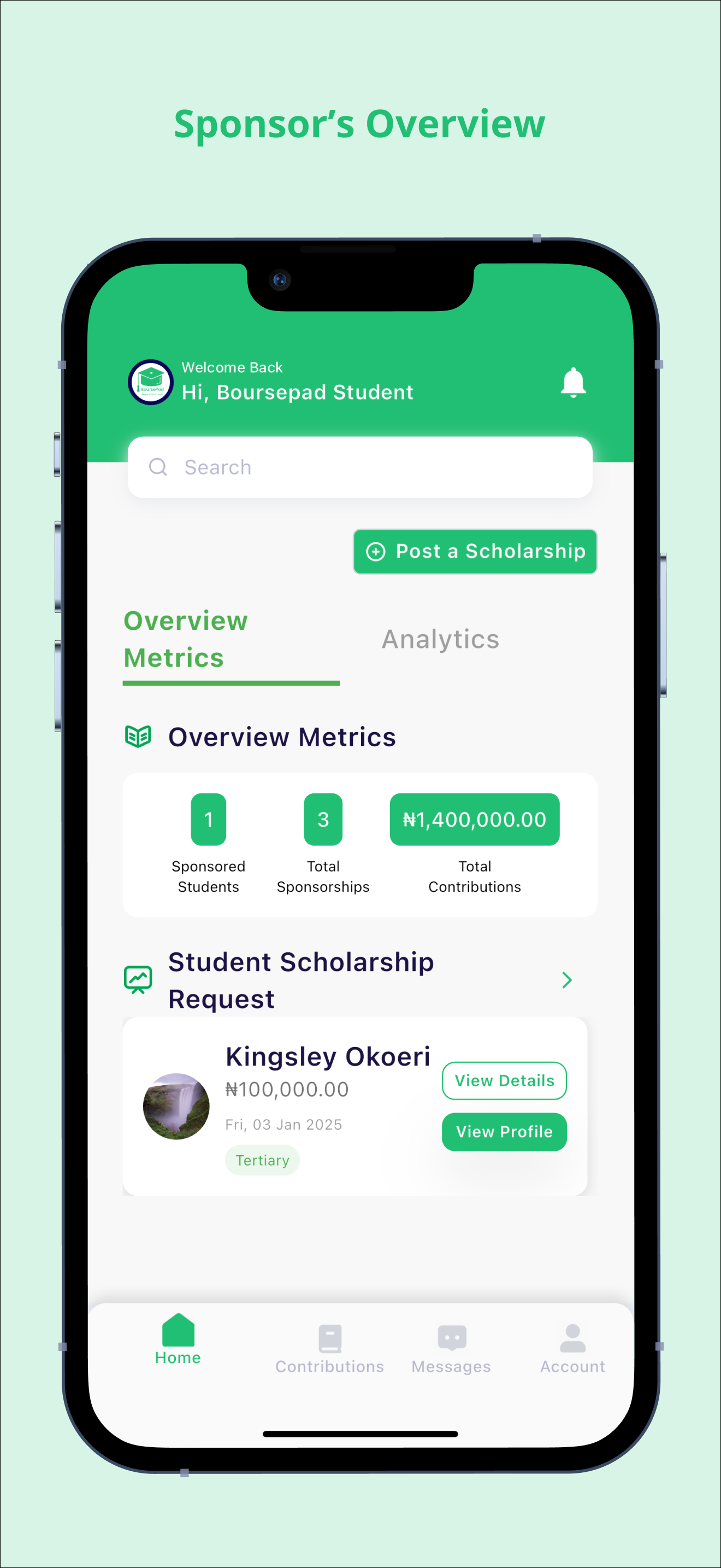 Boursepad student dashboard screen